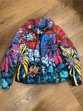 Claire Desjardins Vivid Abstract Floral Puffer Coat Multicolor Art-To-Wear M